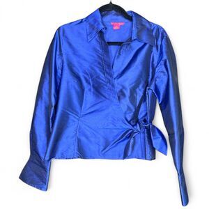 Women's Royal Blue Shiny 100% Silk Wrap Holiday Party Blouse